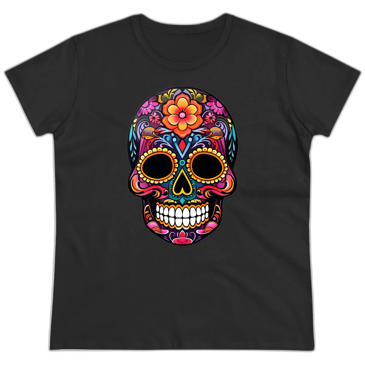 Vibrant Floral Calavera Day of the Dead Skull Ladies Tee in Black