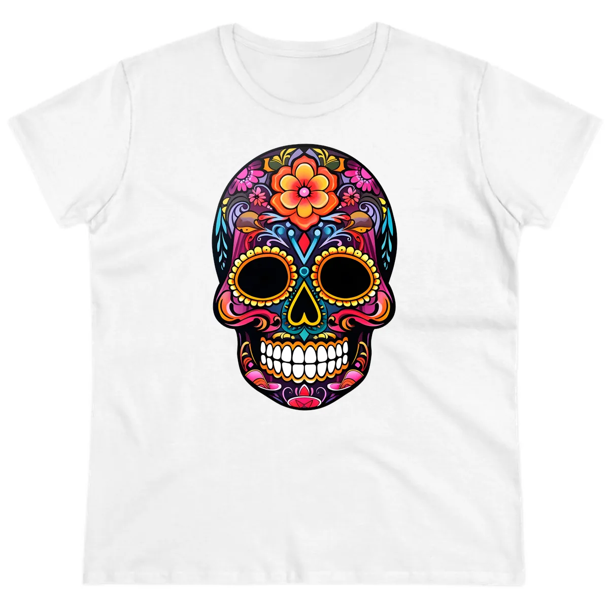 Vibrant Floral Calavera Day of the Dead Skull Ladies Tee in White