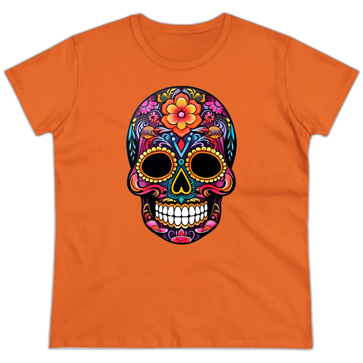 Vibrant Floral Calavera Day of the Dead Skull Ladies Tee in Orange