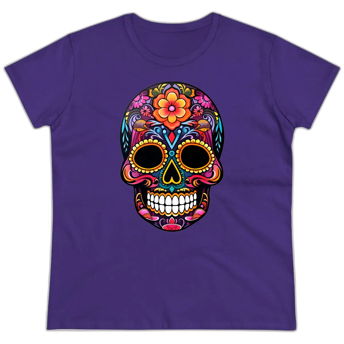 Vibrant Floral Calavera Day of the Dead Skull Ladies Tee in Purple