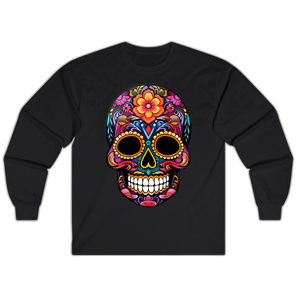 Vibrant Floral Calavera Day of the Dead Skull Long Sleeve in Black