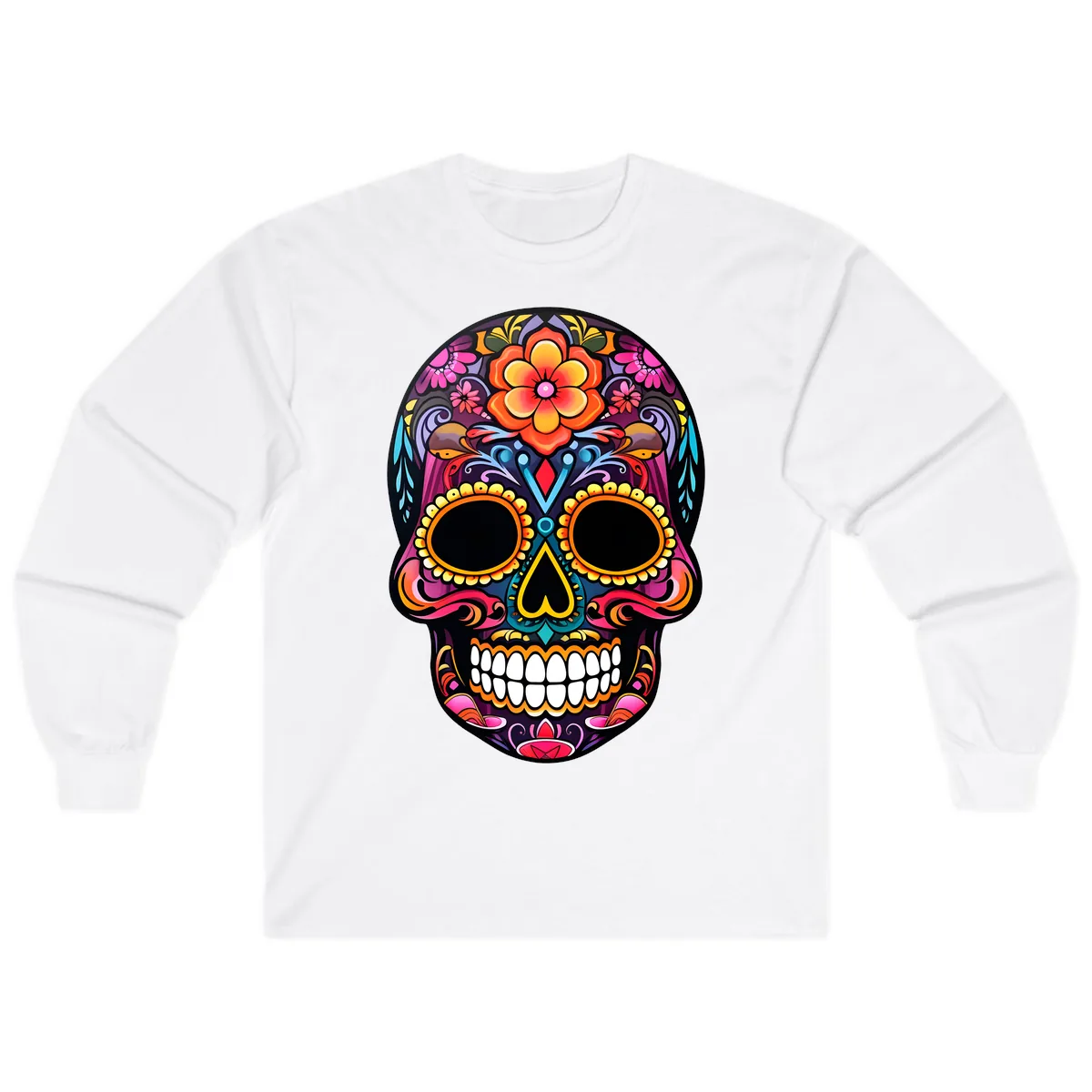 Vibrant Floral Calavera Day of the Dead Skull Long Sleeve in White