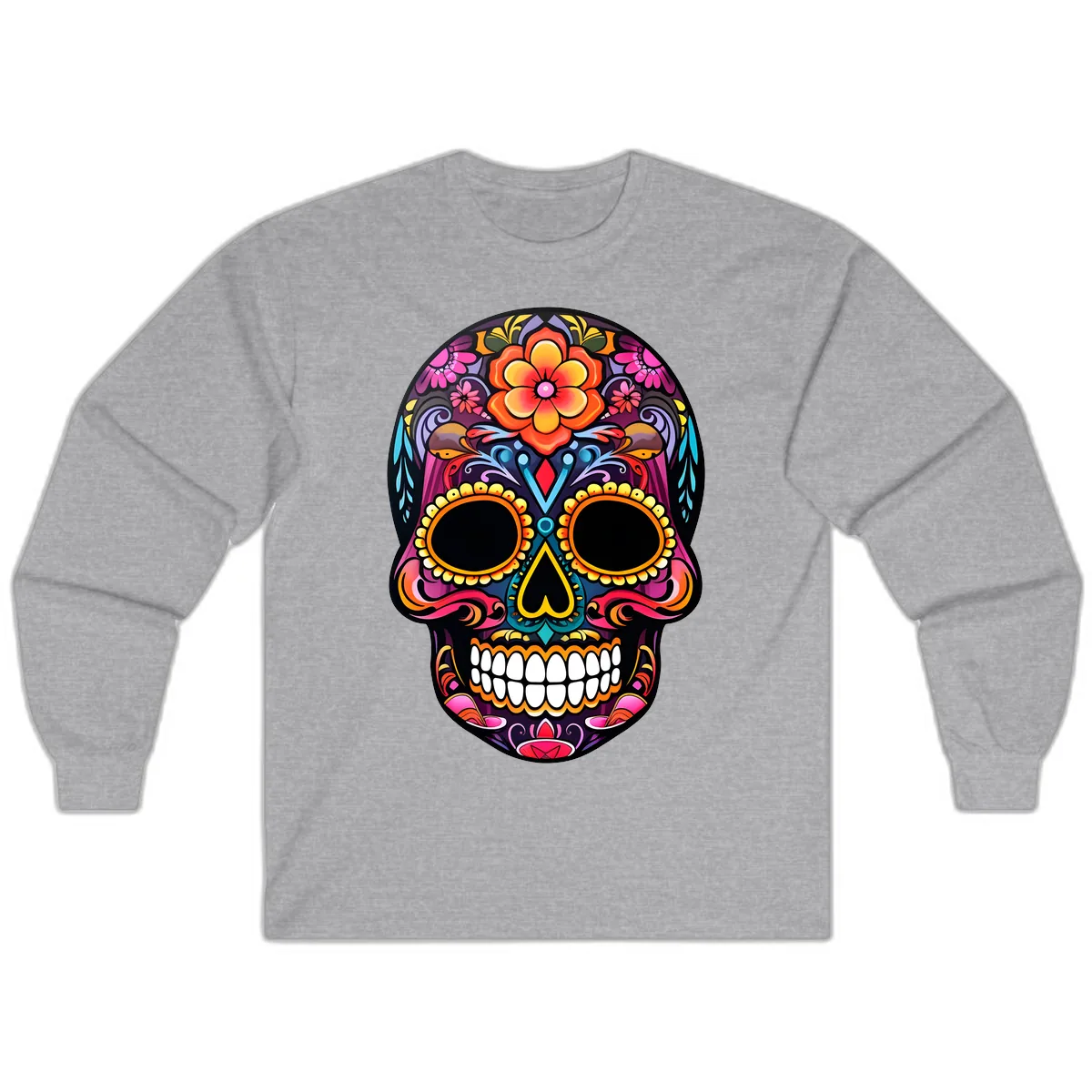 Vibrant Floral Calavera Day of the Dead Skull Long Sleeve in Sport Grey