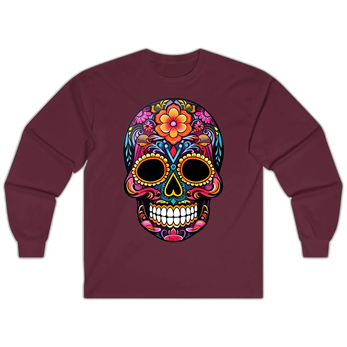 Vibrant Floral Calavera Day of the Dead Skull Long Sleeve in Maroon