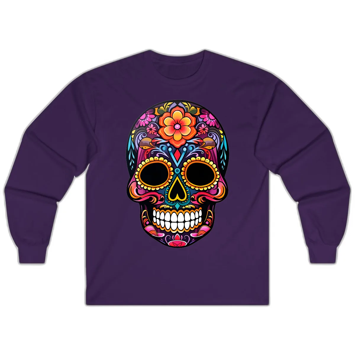 Vibrant Floral Calavera Day of the Dead Skull Long Sleeve in Purple