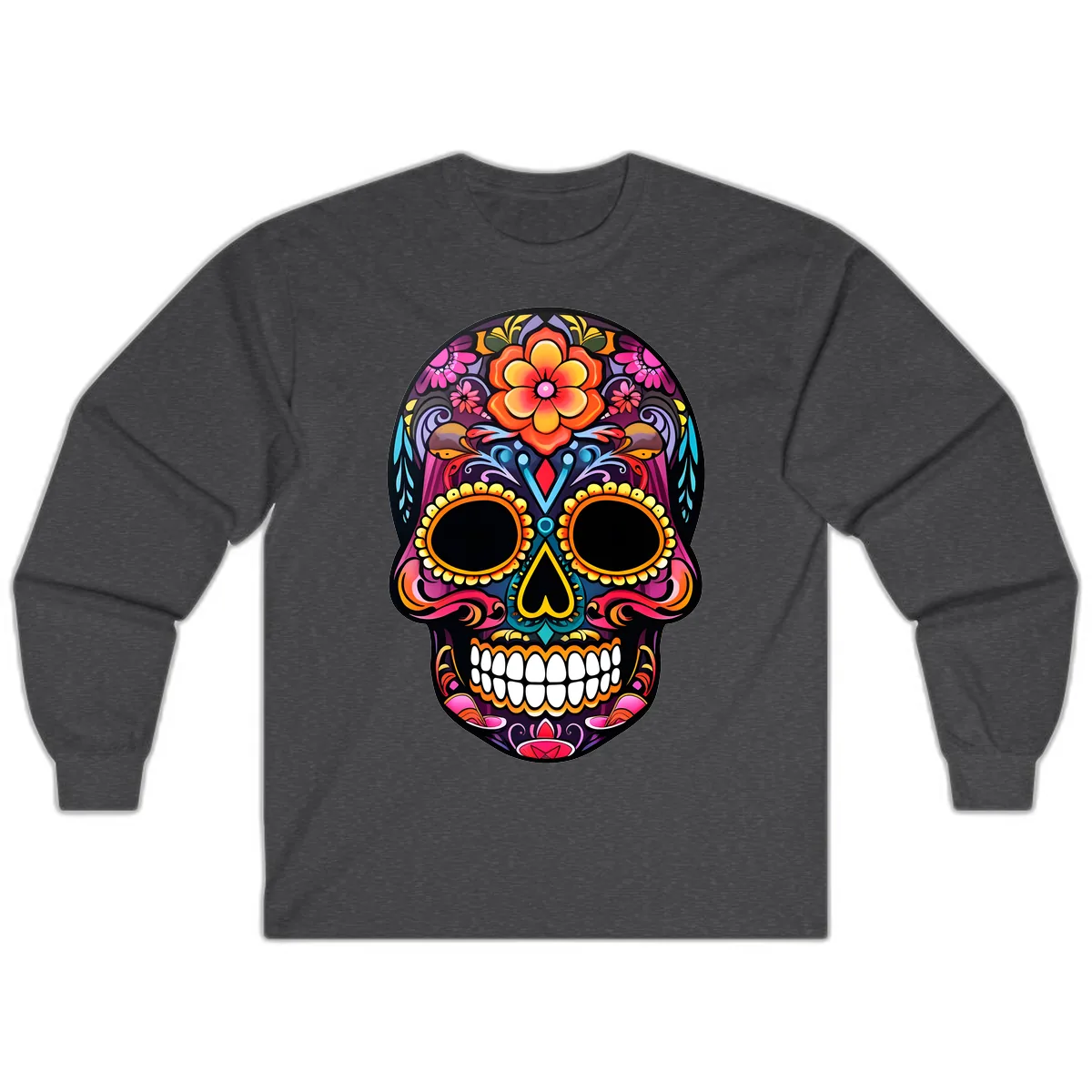 Vibrant Floral Calavera Day of the Dead Skull Long Sleeve in Dark Heather