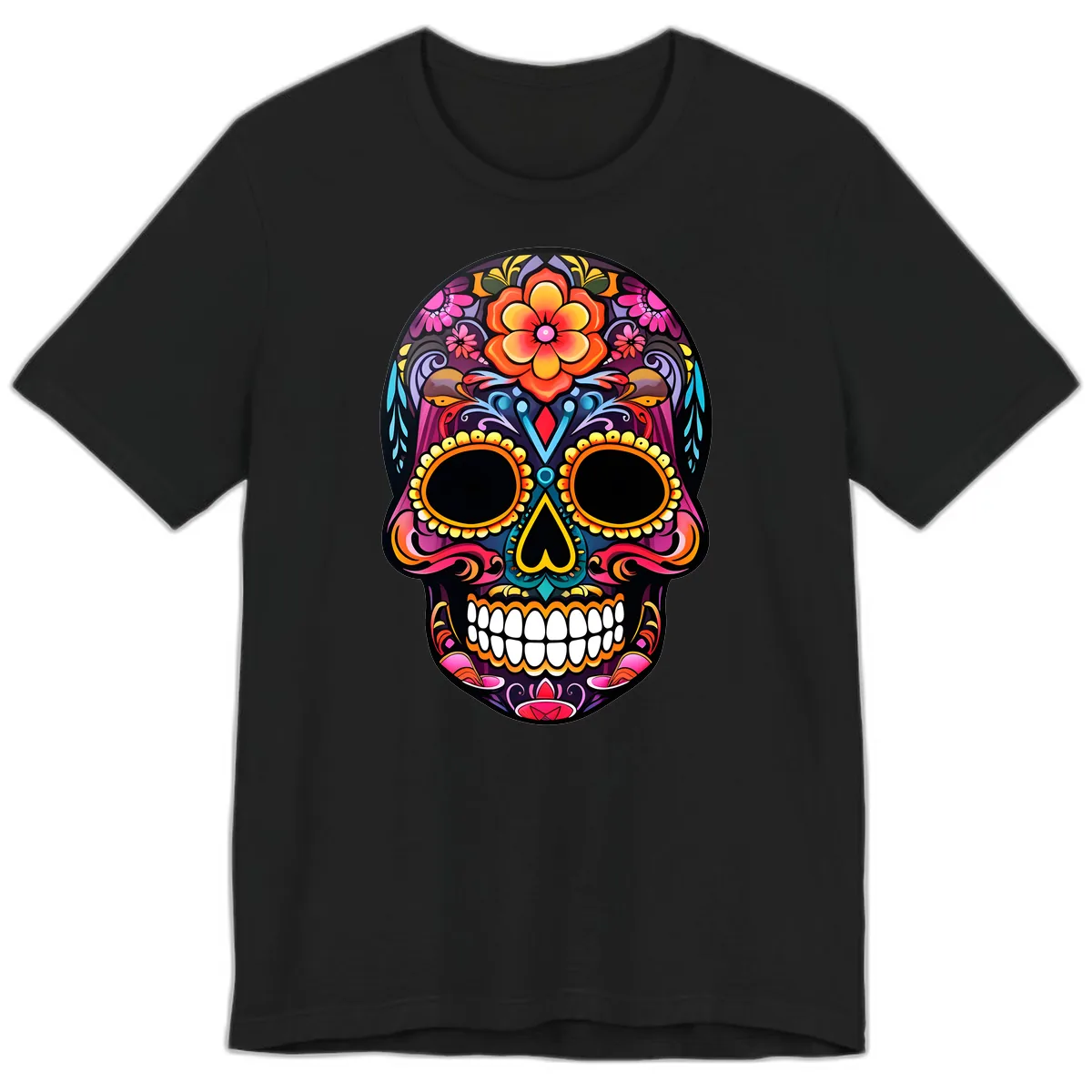 Vibrant Floral Calavera Day of the Dead Skull Premium T-Shirt in Black