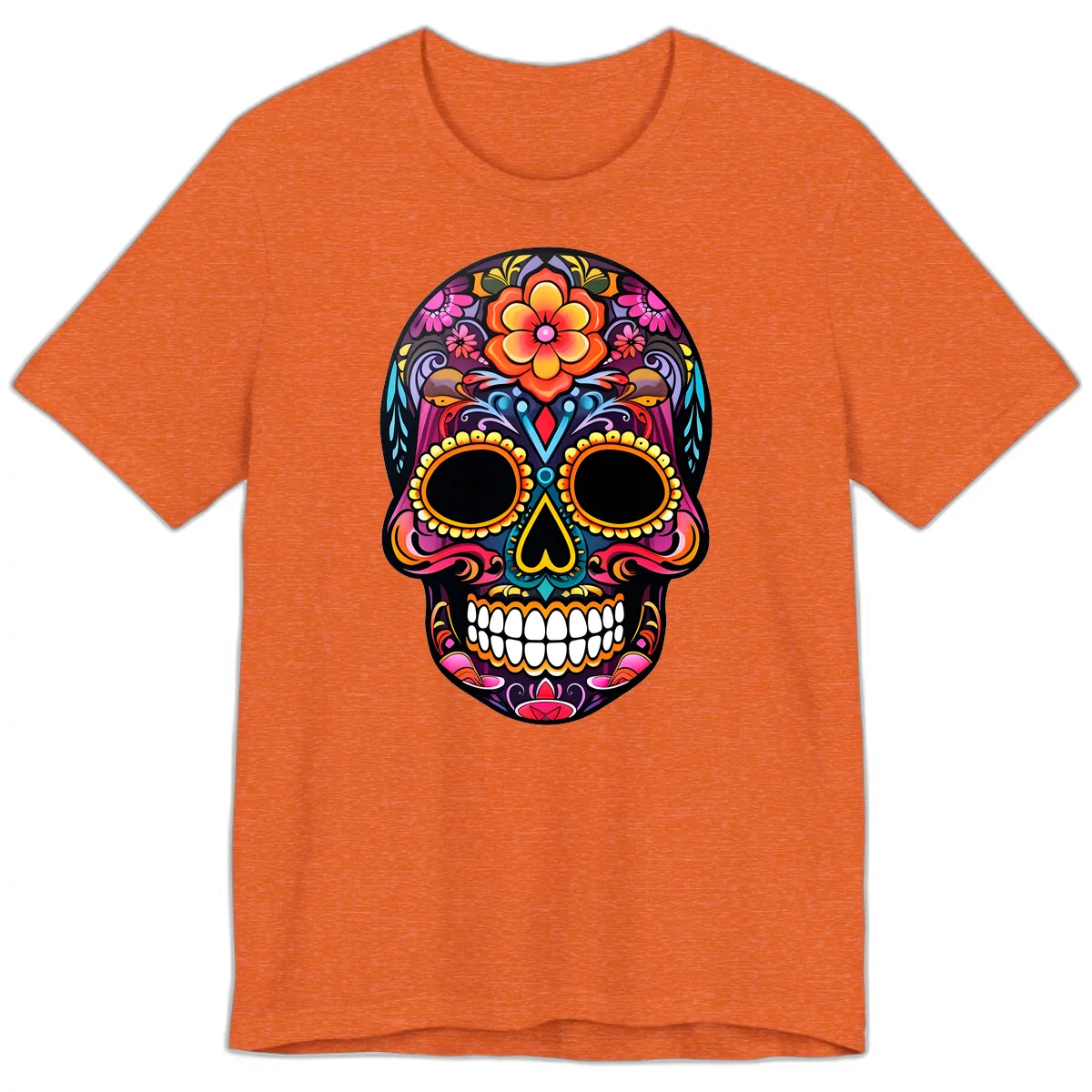 Vibrant Floral Calavera Day of the Dead Skull Premium T-Shirt in Heather Orange