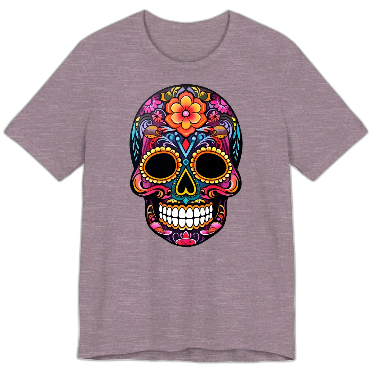 Vibrant Floral Calavera Day of the Dead Skull Premium T-Shirt in Heather Purple
