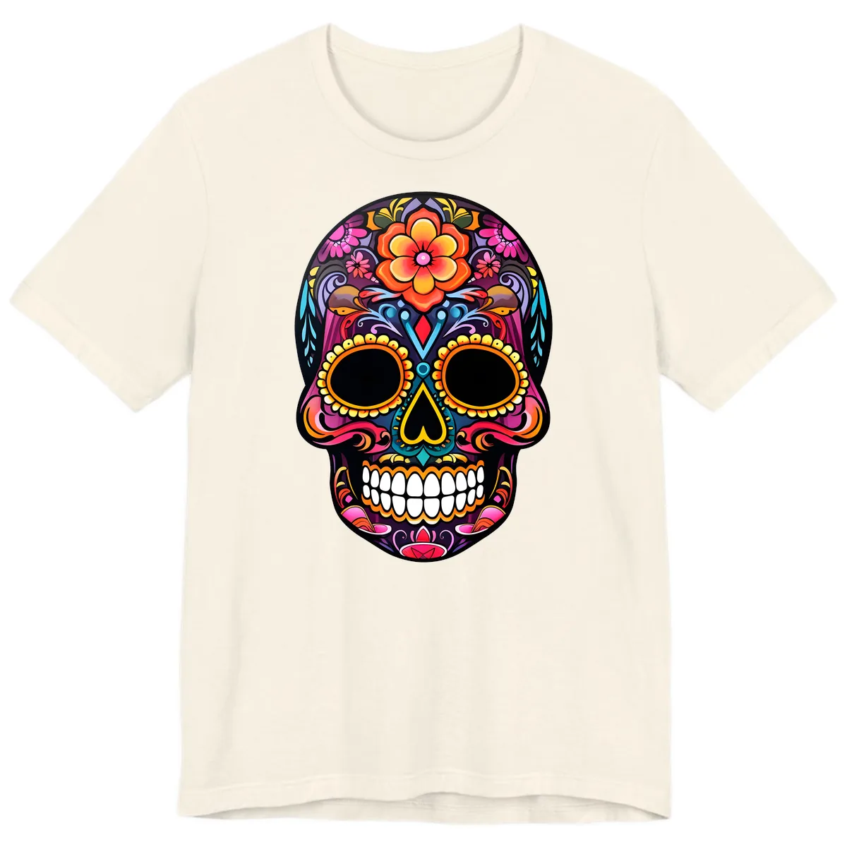 Vibrant Floral Calavera Day of the Dead Skull Premium T-Shirt in Natural