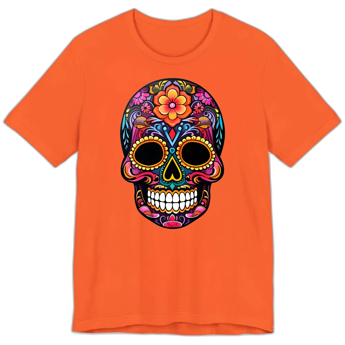 Vibrant Floral Calavera Day of the Dead Skull Premium T-Shirt in Orange