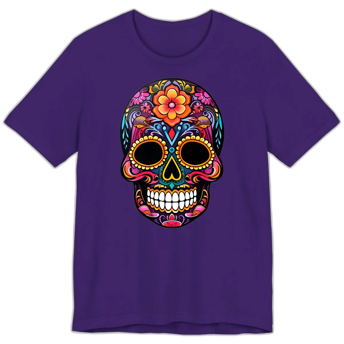 Vibrant Floral Calavera Day of the Dead Skull Premium T-Shirt in Team Purple