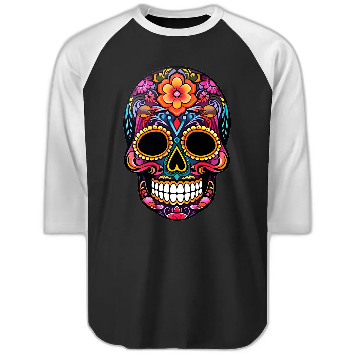 Vibrant Floral Calavera Day of the Dead Skull Raglan 3/4 in Black White
