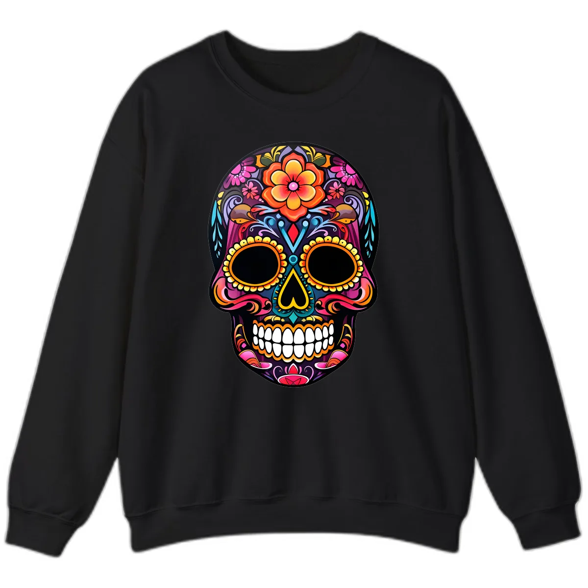 Vibrant Floral Calavera Day of the Dead Skull Sweatshirt in Black