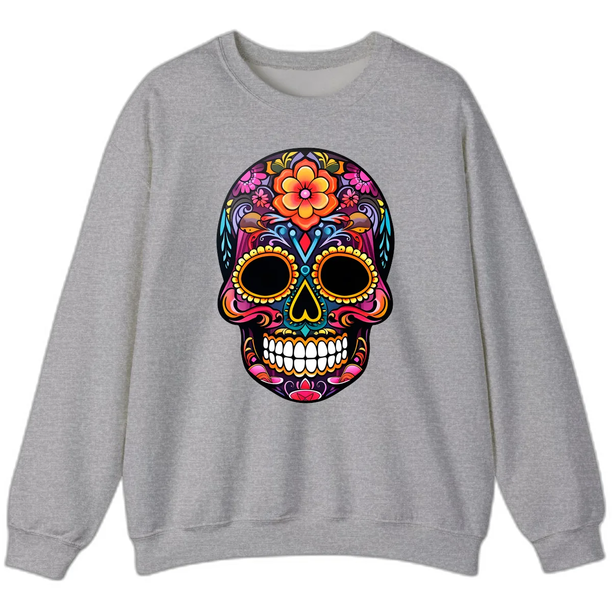 Vibrant Floral Calavera Day of the Dead Skull Sweatshirt in Sport Grey