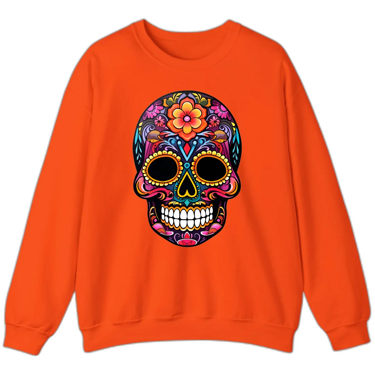 Vibrant Floral Calavera Day of the Dead Skull Sweatshirt in Orange