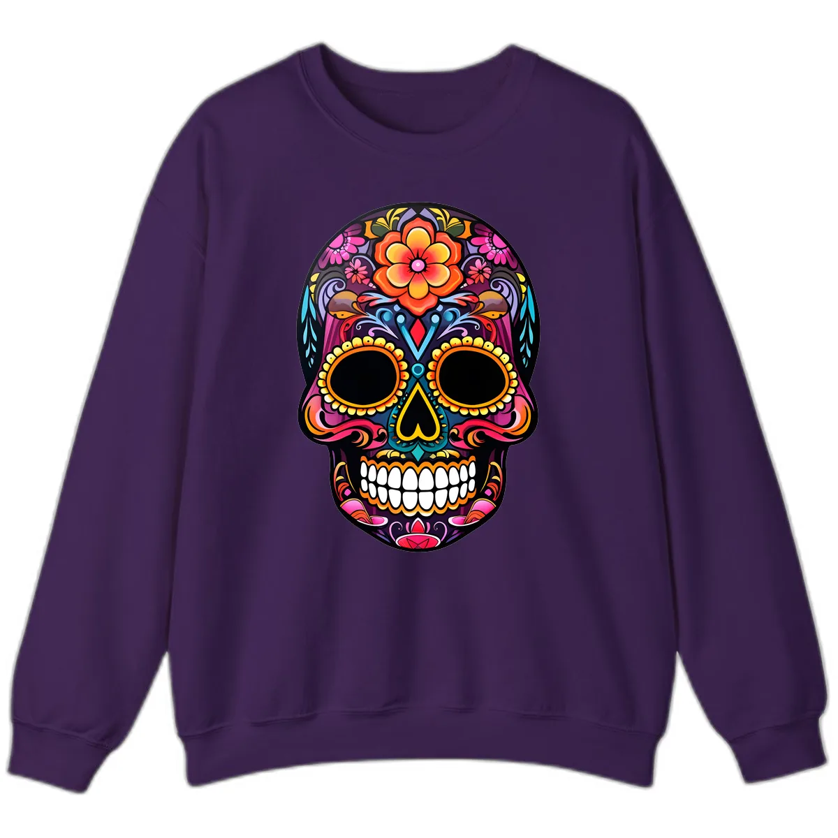 Vibrant Floral Calavera Day of the Dead Skull Sweatshirt in Purple