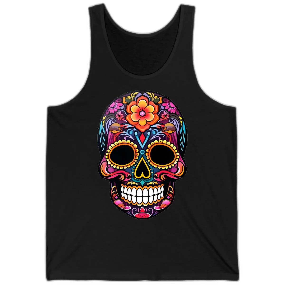 Vibrant Floral Calavera Day of the Dead Skull Tank in Black