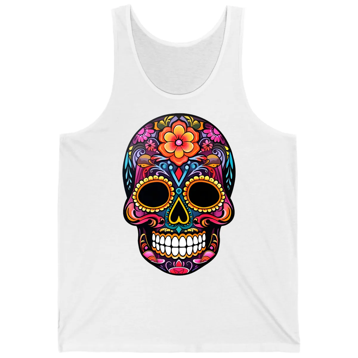Vibrant Floral Calavera Day of the Dead Skull Tank in White