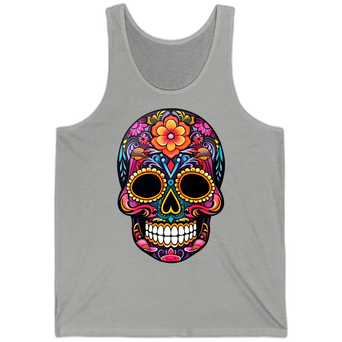 Vibrant Floral Calavera Day of the Dead Skull Tank in Athletic Heather
