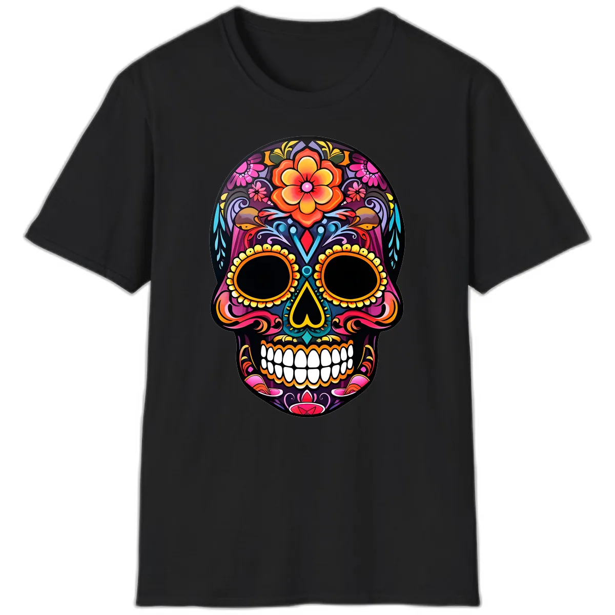 Vibrant Floral Calavera Day of the Dead Skull T-Shirt in Black