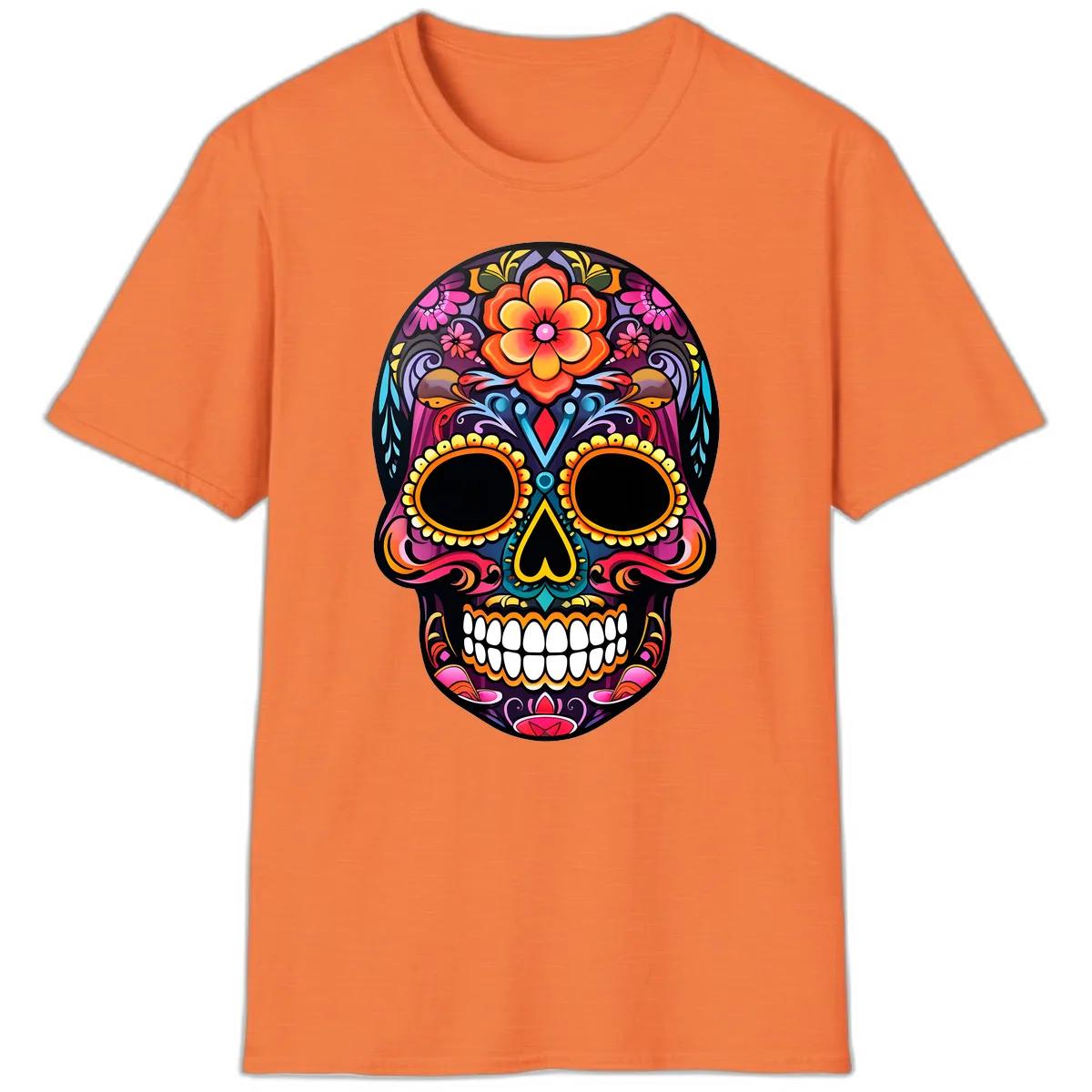 Vibrant Floral Calavera Day of the Dead Skull T-Shirt in Heather Orange