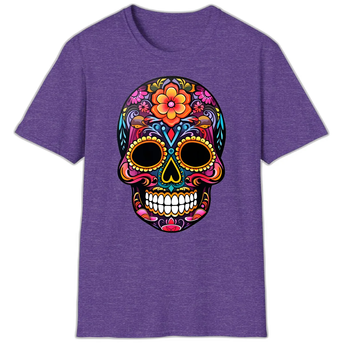 Vibrant Floral Calavera Day of the Dead Skull T-Shirt in Heather Purple