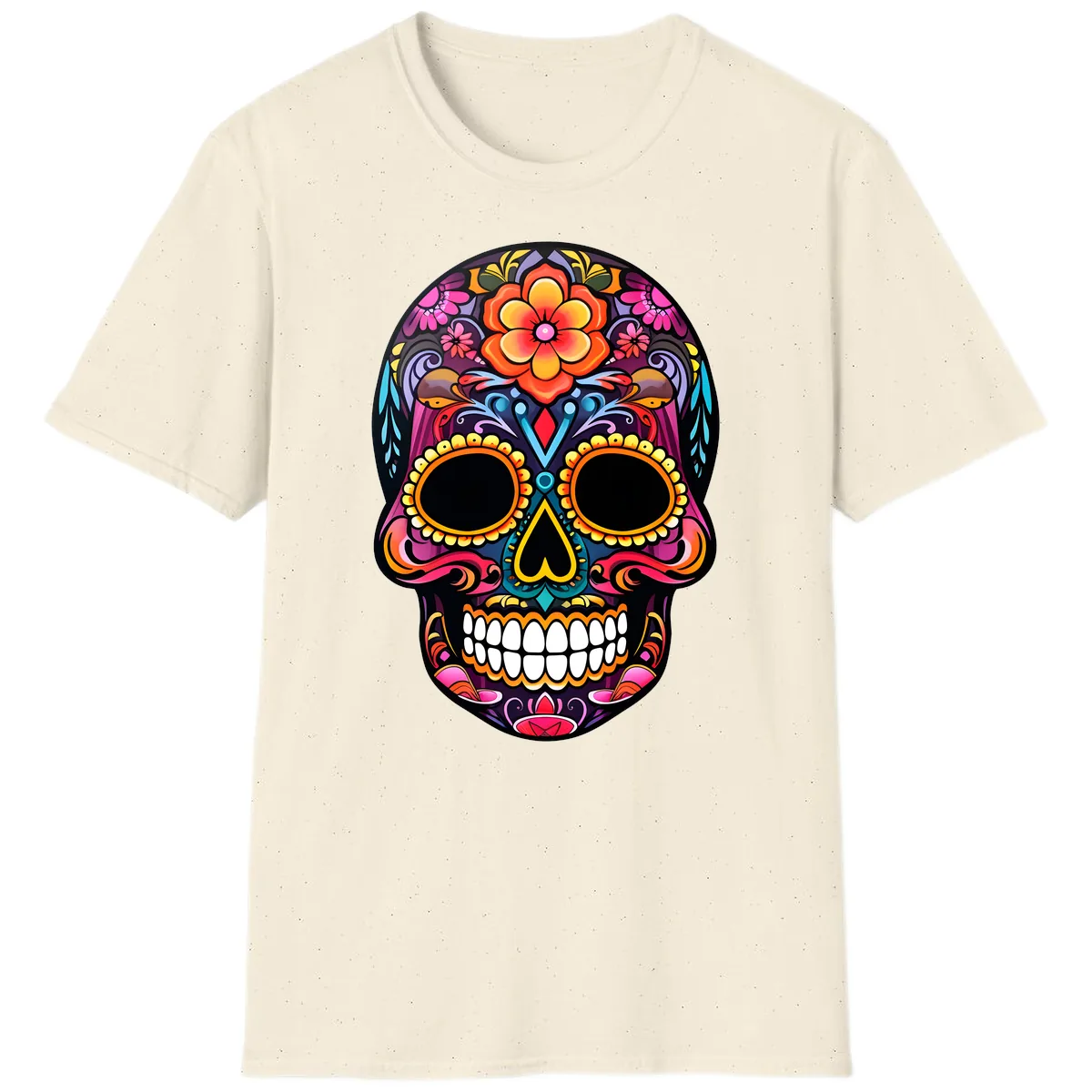 Vibrant Floral Calavera Day of the Dead Skull T-Shirt in Natural