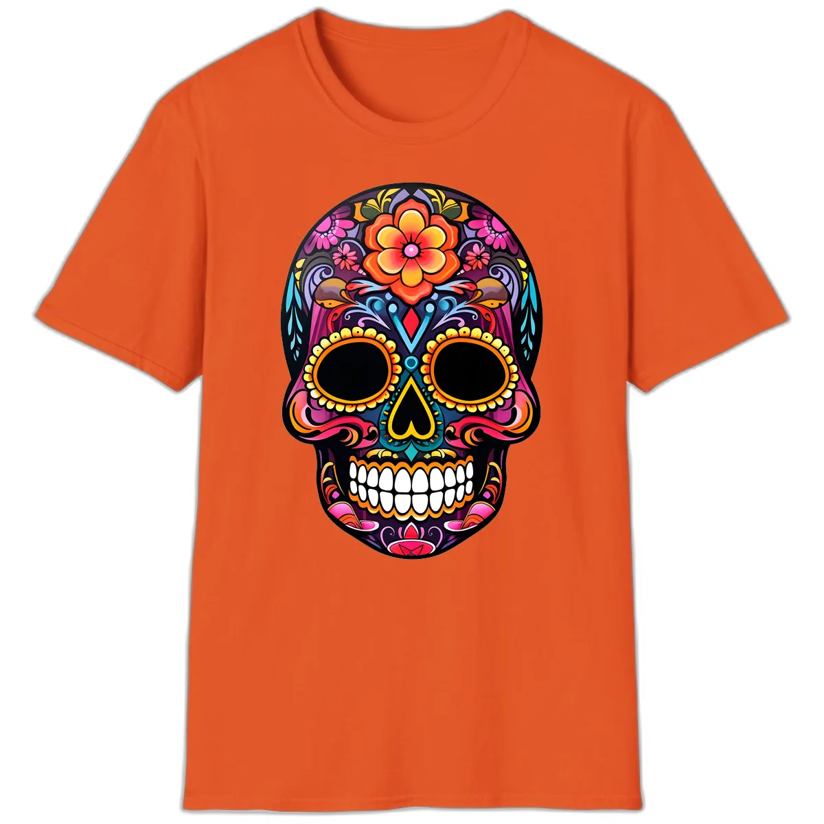Vibrant Floral Calavera Day of the Dead Skull T-Shirt in Orange