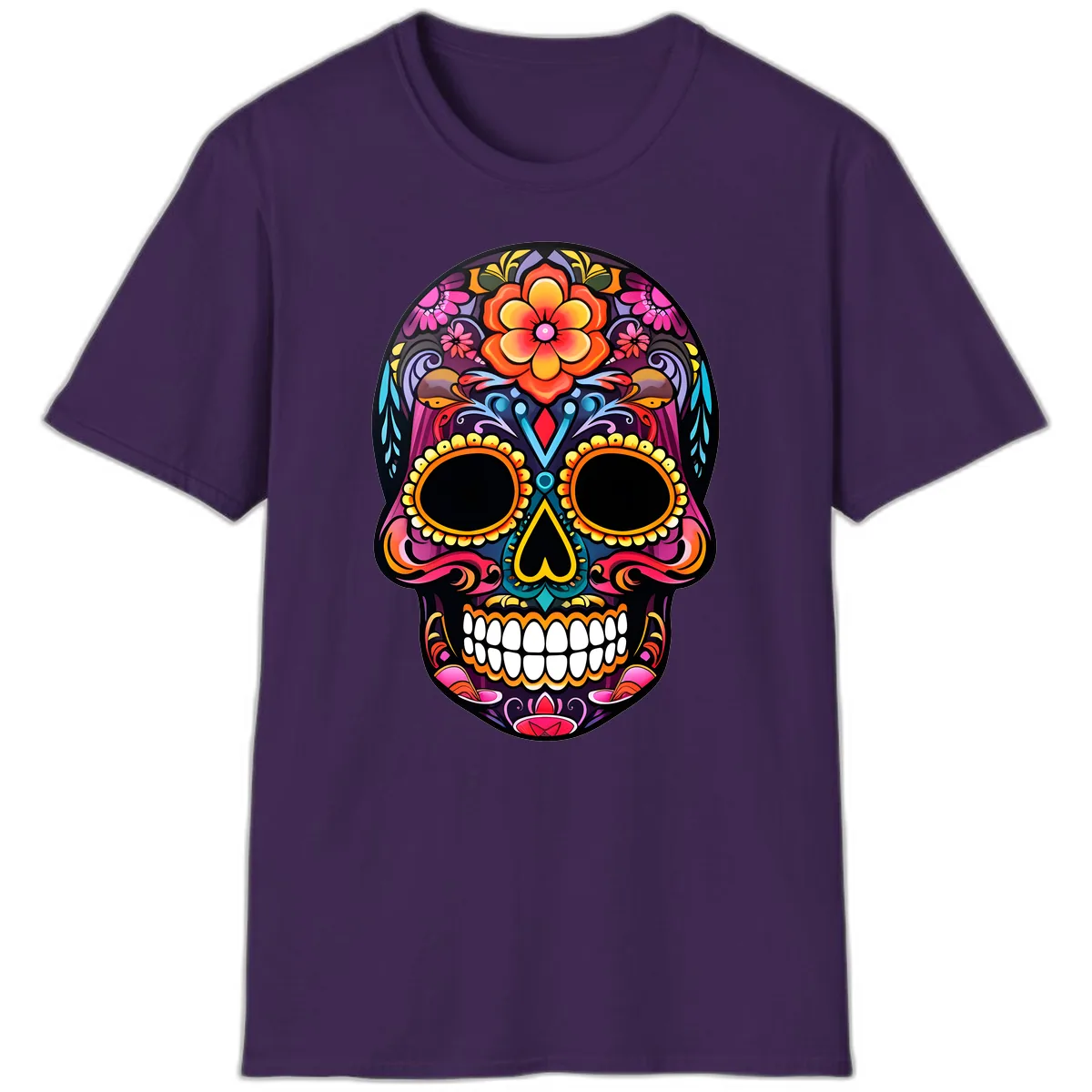 Vibrant Floral Calavera Day of the Dead Skull T-Shirt in Purple