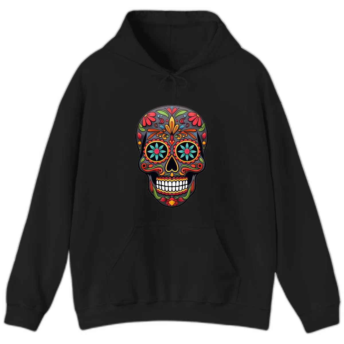 Vibrant Calavera Floral Sugar Skull Hoodie in Black