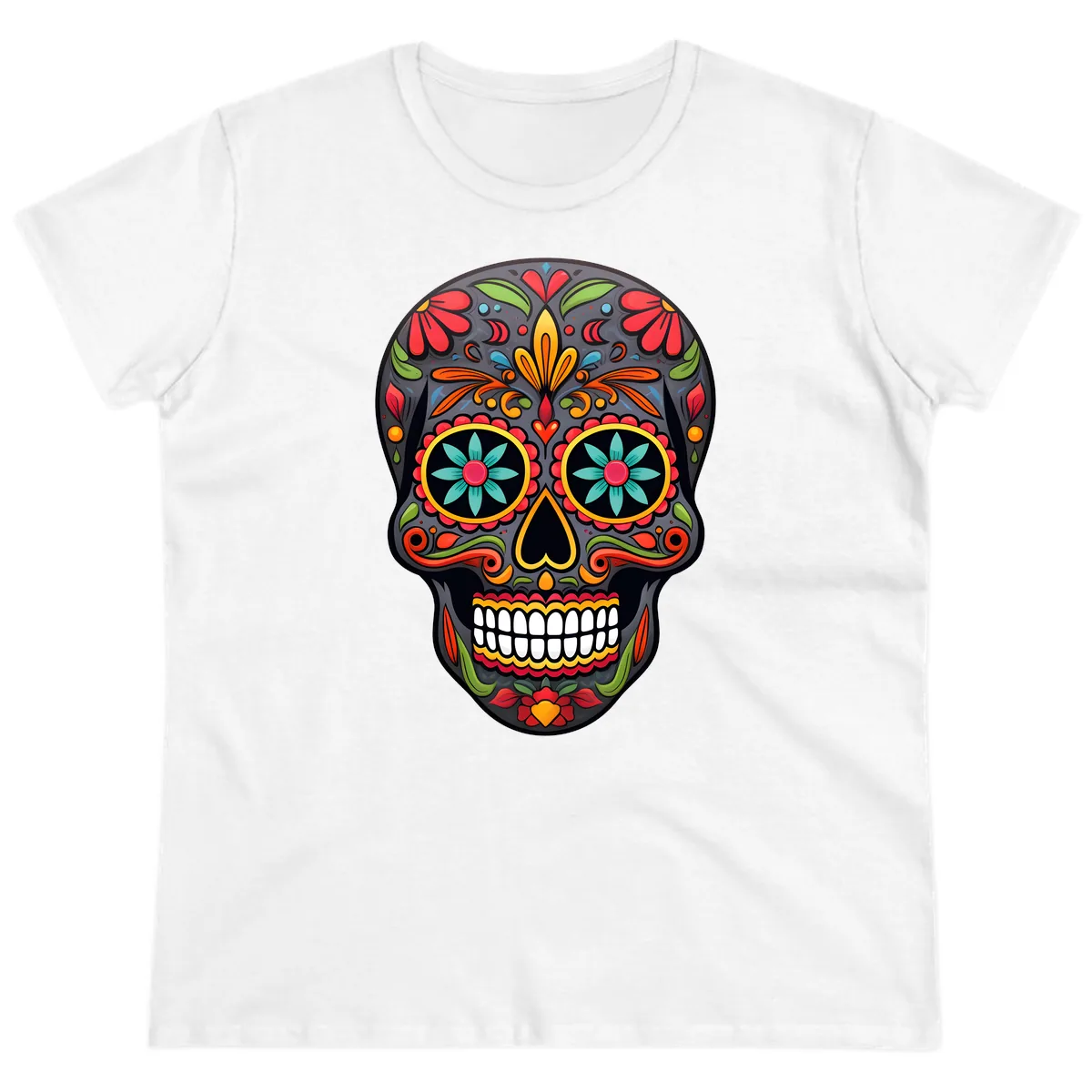 Vibrant Calavera Floral Sugar Skull Ladies Tee in White
