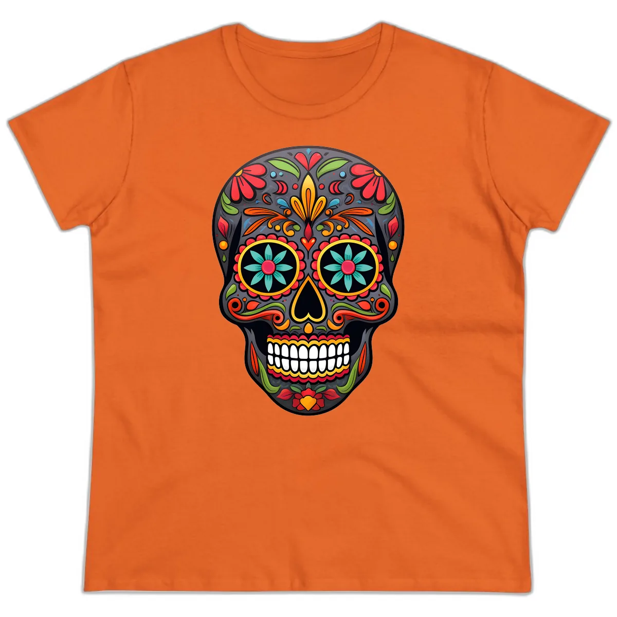 Vibrant Calavera Floral Sugar Skull Ladies Tee in Orange