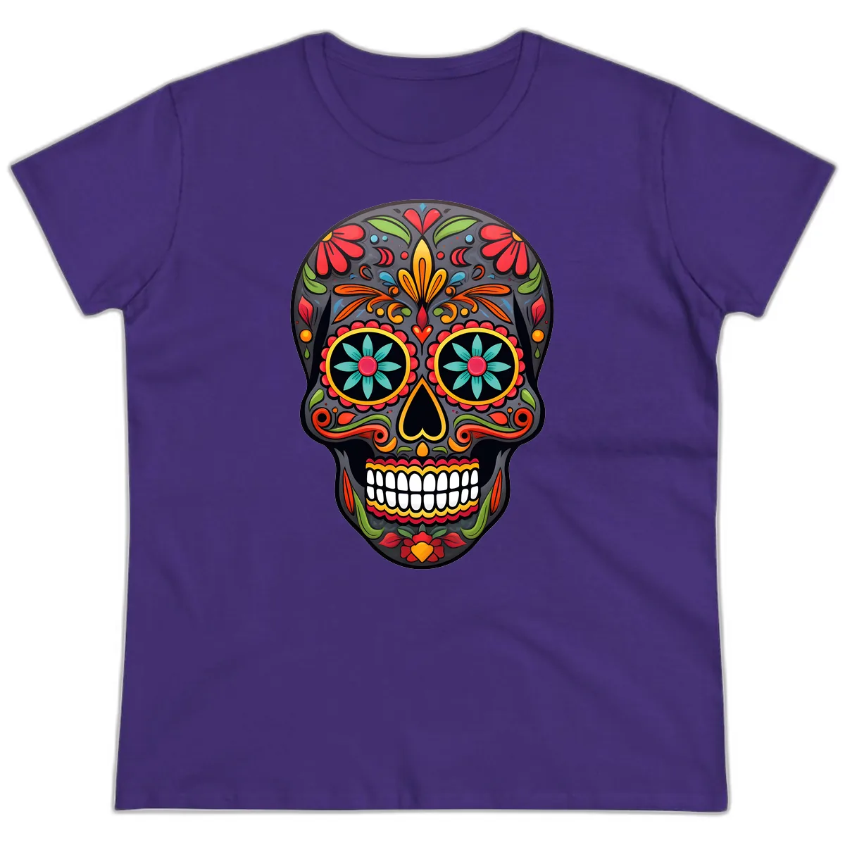 Vibrant Calavera Floral Sugar Skull Ladies Tee in Purple