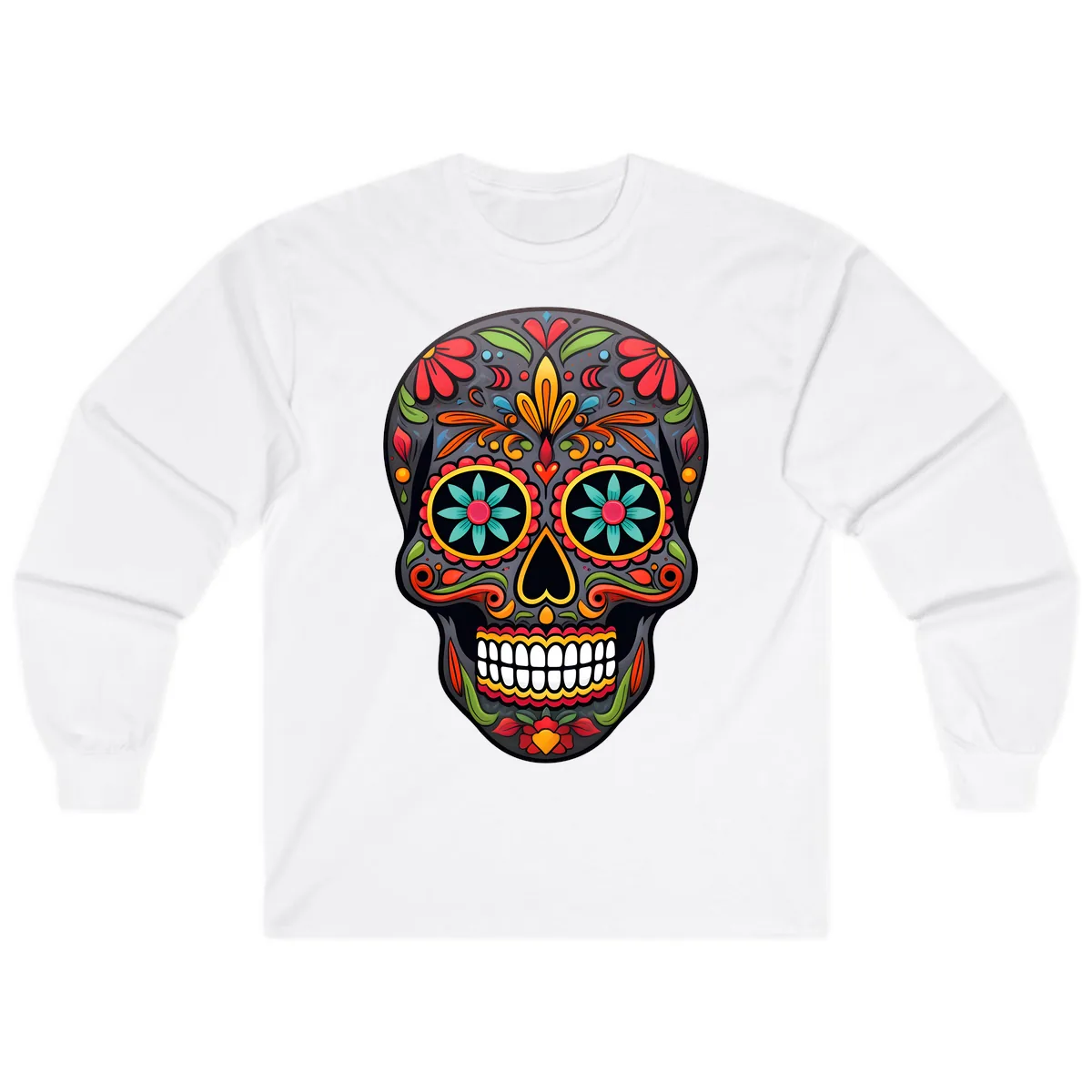 Vibrant Calavera Floral Sugar Skull Long Sleeve in White
