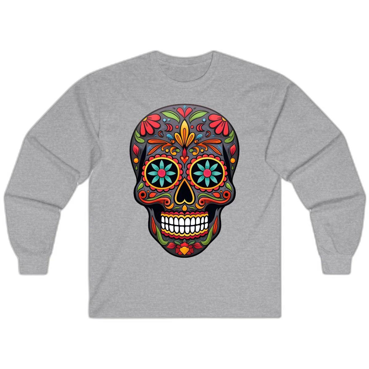 Vibrant Calavera Floral Sugar Skull Long Sleeve in Sport Grey