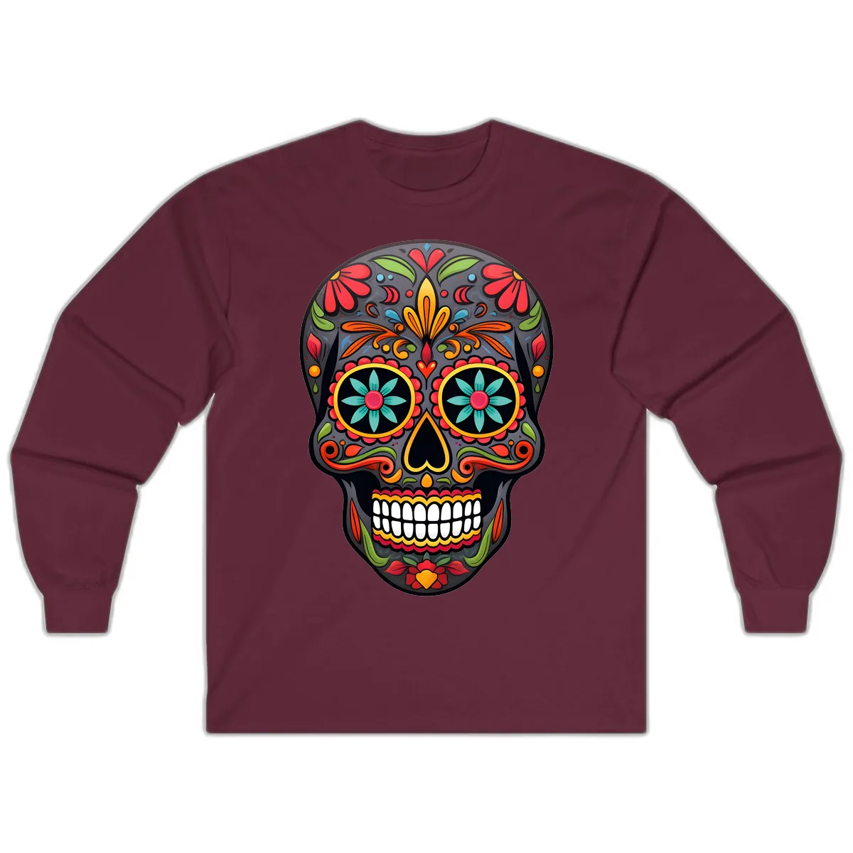 Vibrant Calavera Floral Sugar Skull Long Sleeve in Maroon