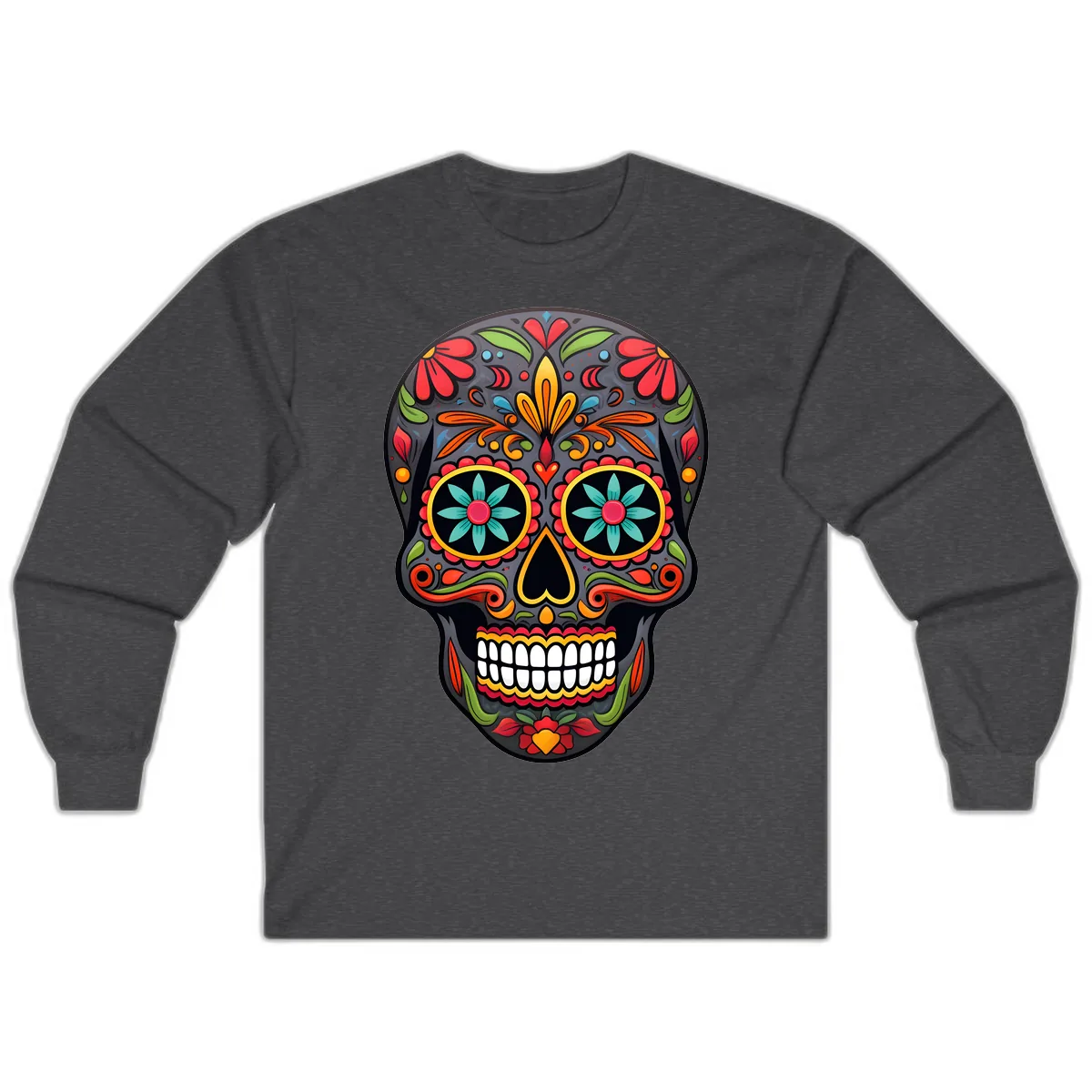Vibrant Calavera Floral Sugar Skull Long Sleeve in Dark Heather