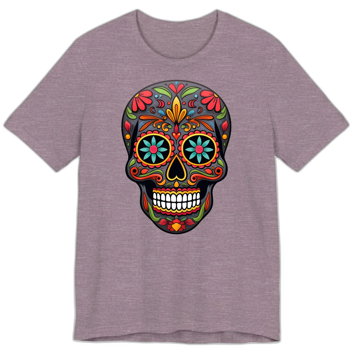 Vibrant Calavera Floral Sugar Skull Premium T-Shirt in Heather Purple
