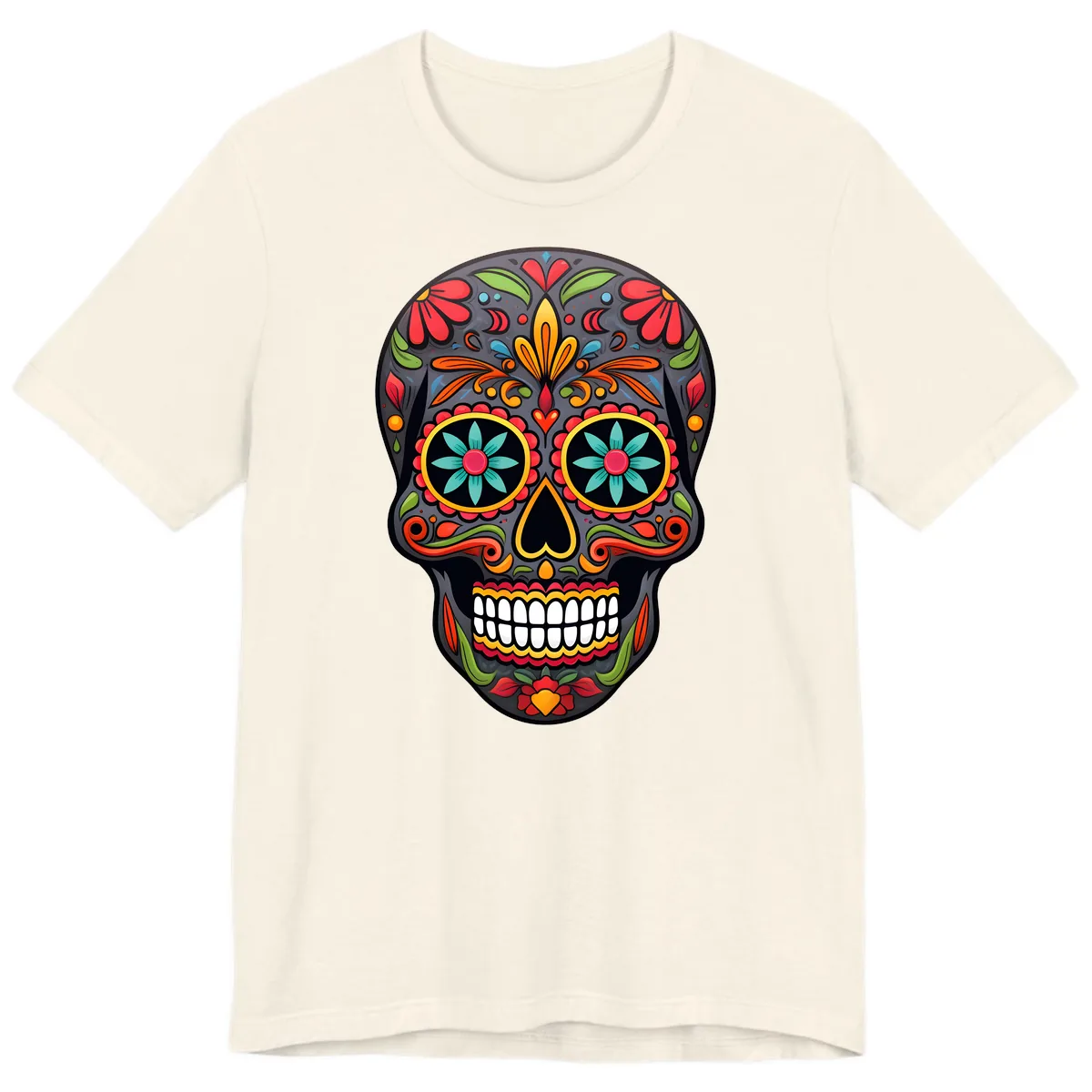 Vibrant Calavera Floral Sugar Skull Premium T-Shirt in Natural