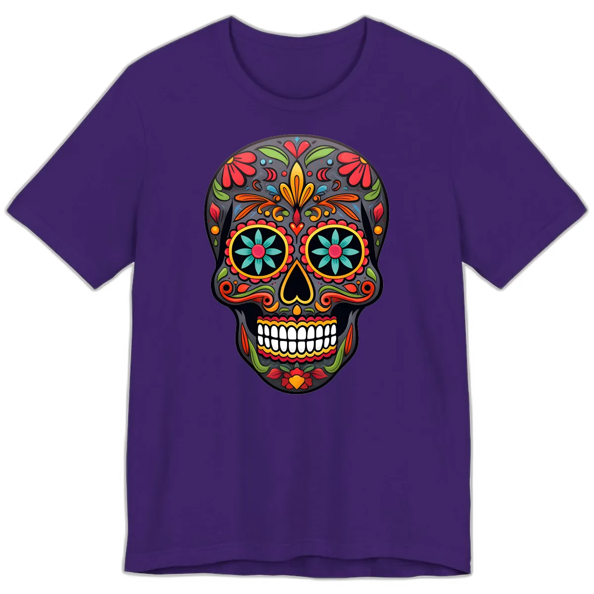 Vibrant Calavera Floral Sugar Skull Premium T-Shirt in Team Purple
