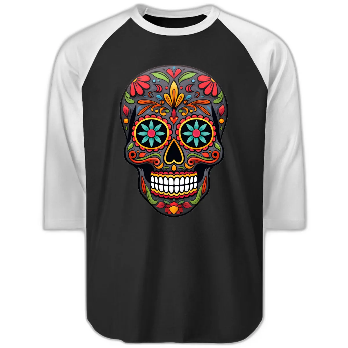 Vibrant Calavera Floral Sugar Skull Raglan 3/4 in Black White
