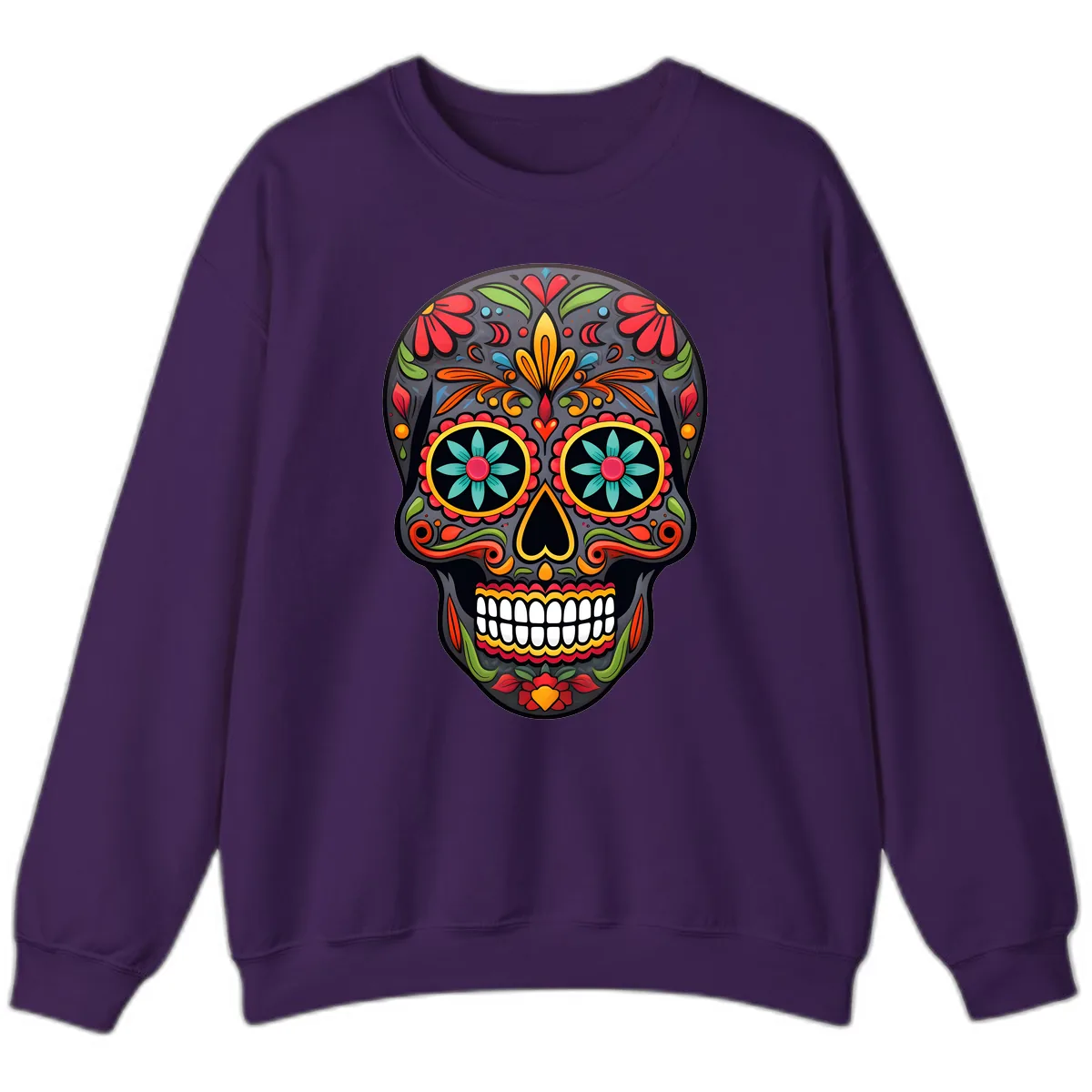 Vibrant Calavera Floral Sugar Skull Sweatshirt in Purple
