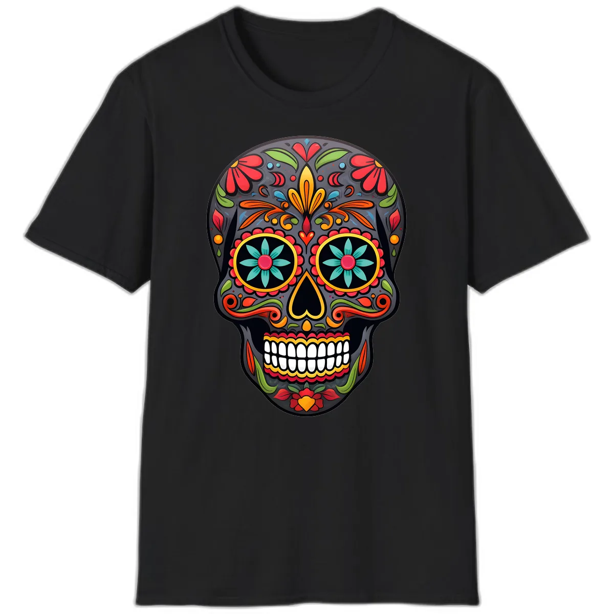 Vibrant Calavera Floral Sugar Skull T-Shirt in Black