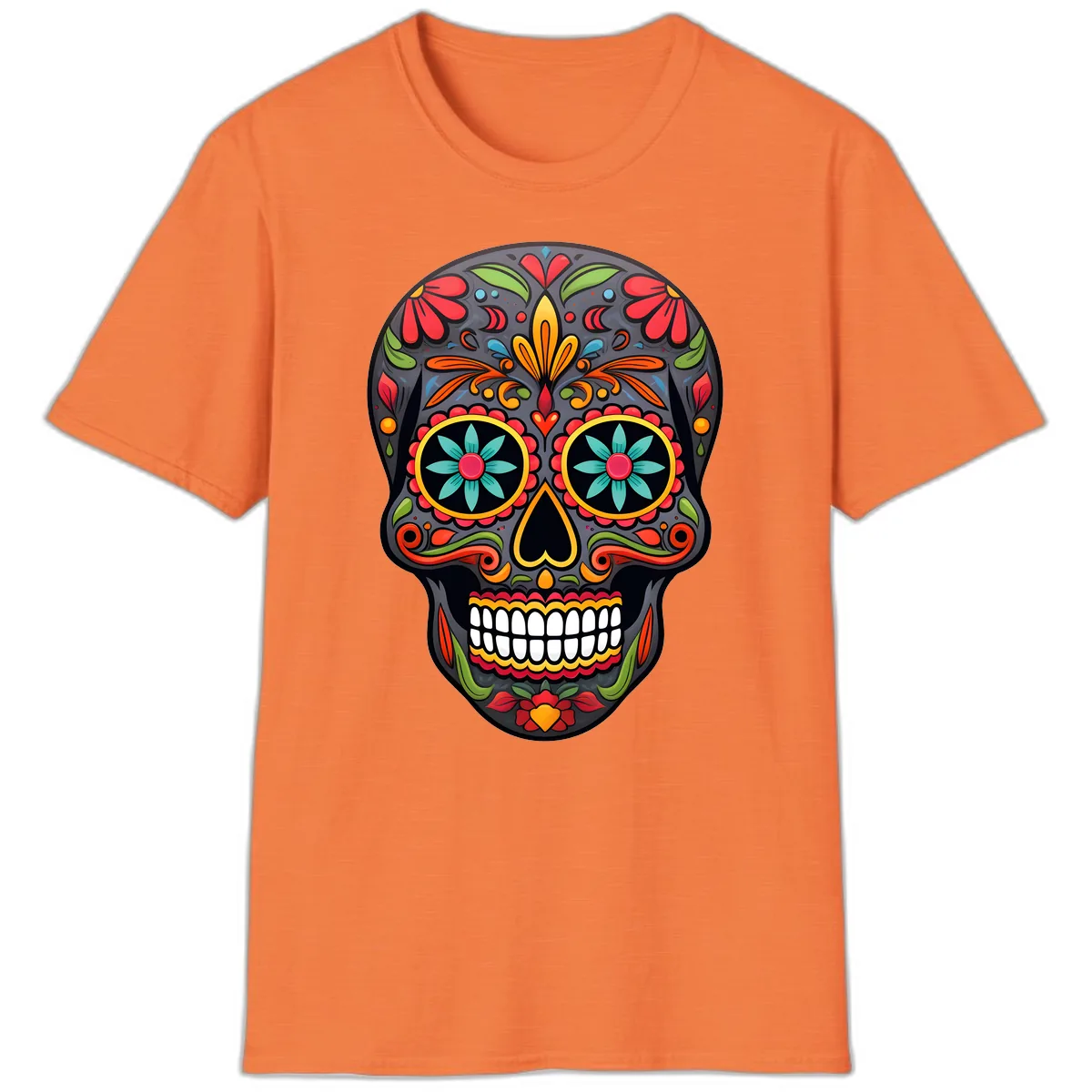 Vibrant Calavera Floral Sugar Skull T-Shirt in Heather Orange