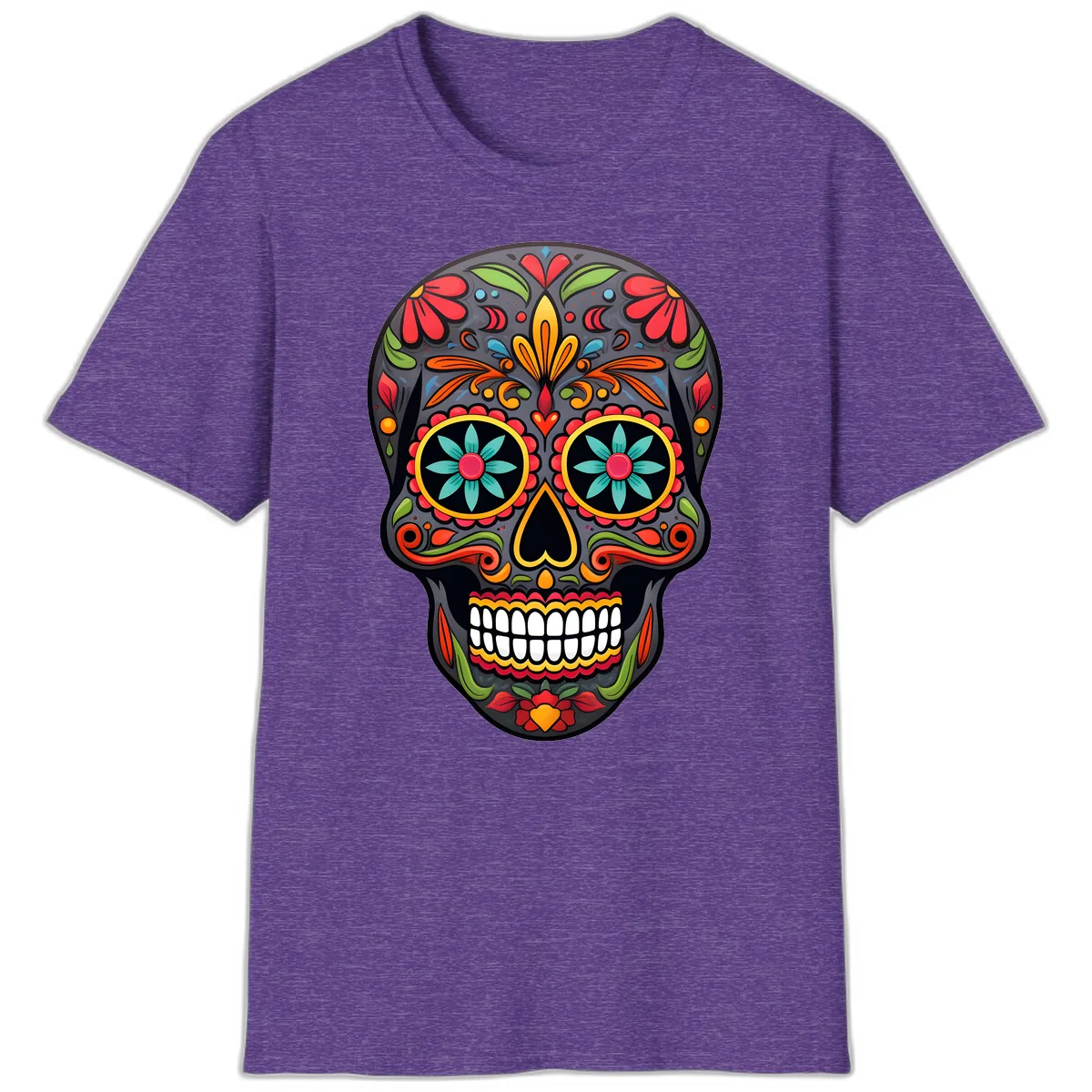 Vibrant Calavera Floral Sugar Skull T-Shirt in Heather Purple