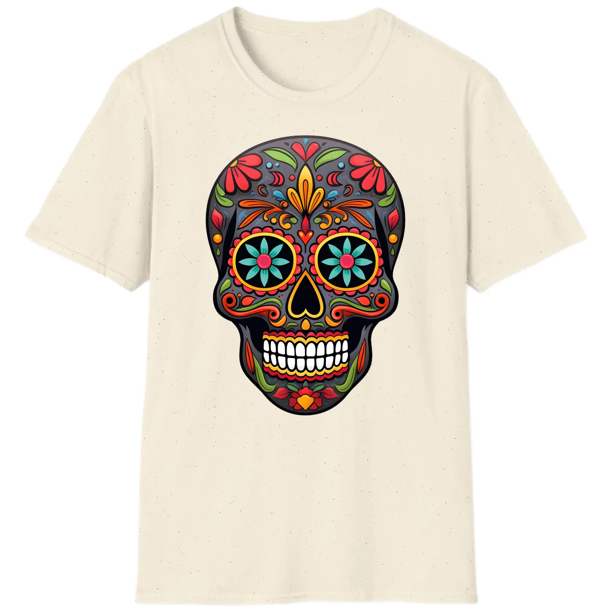 Vibrant Calavera Floral Sugar Skull T-Shirt in Natural