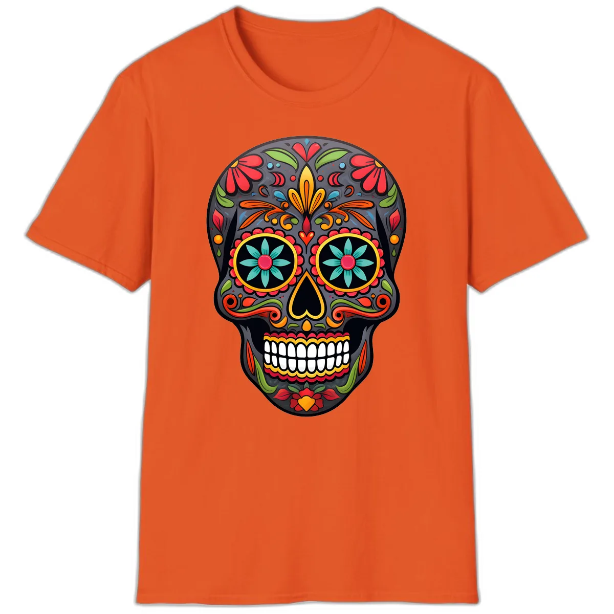 Vibrant Calavera Floral Sugar Skull T-Shirt in Orange