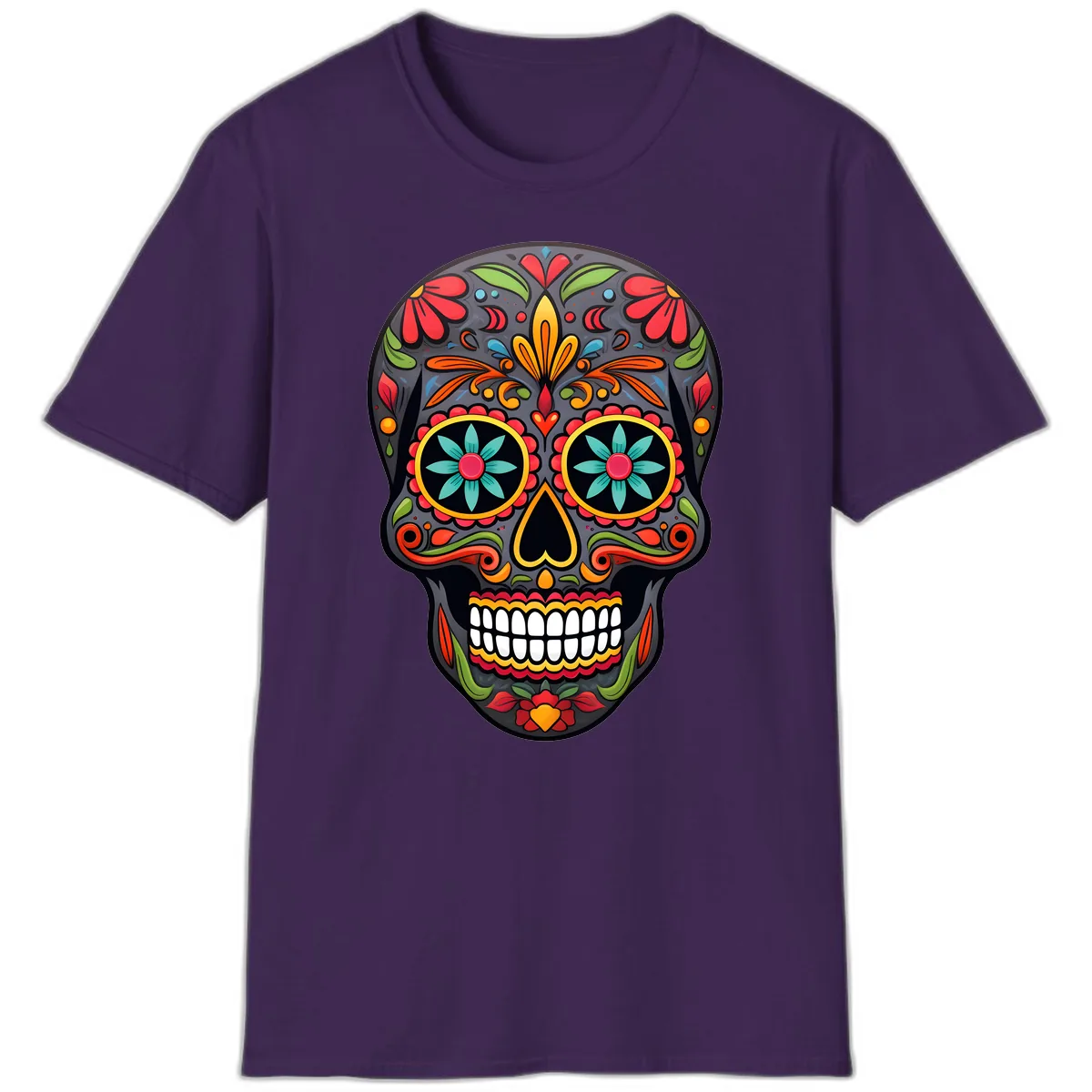 Vibrant Calavera Floral Sugar Skull T-Shirt in Purple
