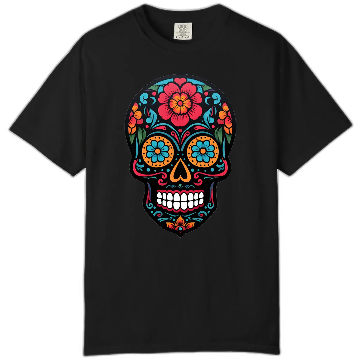 Vibrant Floral Calavera Skull Design Comfort Color in Black